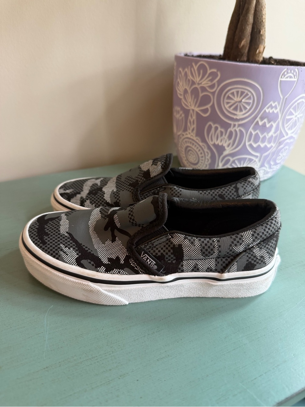 Vans Kids Slip-On Sneakers in Black and Gray Camo